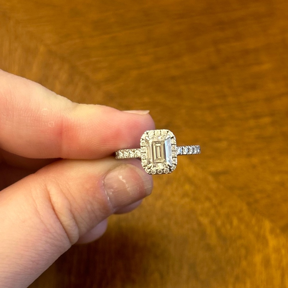 Stunning Emerald Cut Moissanite Halo Engagement Ring